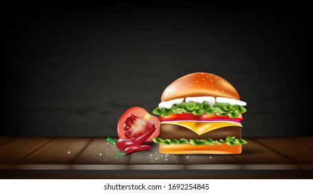 Hamburger beef on wood texture table background. Vector illustration design.