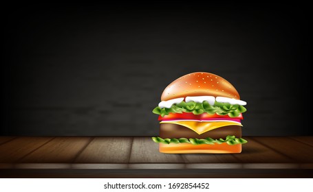 Hamburger beef on wood texture table background. Vector illustration design.