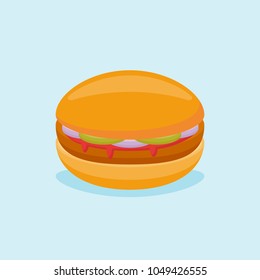 Hamburger with beef, onion and cucumber isolated on blue background. Vector illustration.