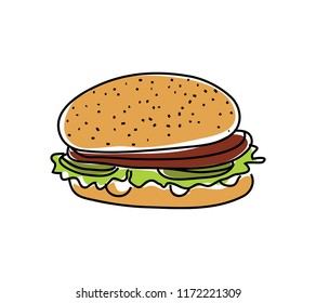 Hamburger with beef and salad. Vector illustration