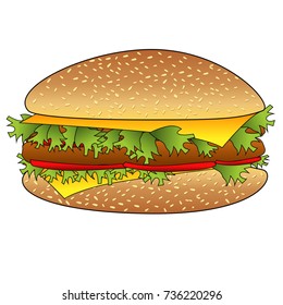 Hamburger beef and vegetable, cheese. Vector on white background.