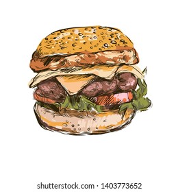 Hamburger beef vegetable tomato cheese hand drawn digital painting vector illustration retro style white background