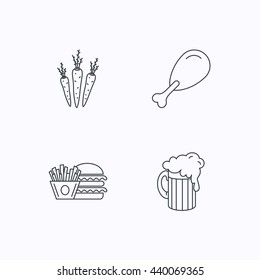 Hamburger, beer and chicken leg icons. Burger and chips fries linear signs. Flat linear icons on white background. Vector