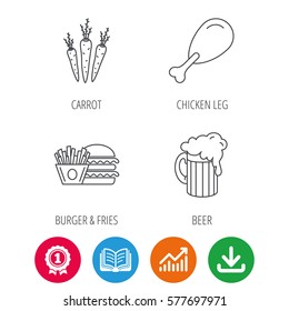 Hamburger, beer and chicken leg icons. Burger and chips fries linear signs. Award medal, growth chart and opened book web icons. Download arrow. Vector