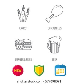 Hamburger, beer and chicken leg icons. Burger and chips fries linear signs. Shield protection, calendar and new tag web icons. Vector