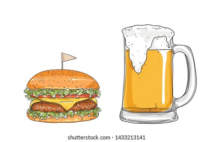 hamburger and beer. glasses  hand drawn style art Vector illustration