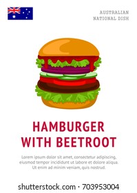 Hamburger with beetroot. Traditional australian dish. View from above. Vector flat illustration.