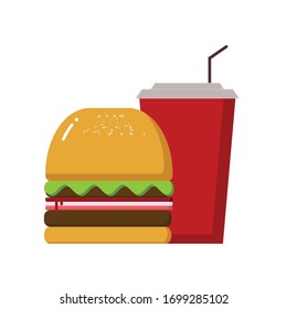 hamburguesa y bebida en un fondo blanco.