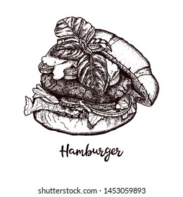 Hamburger, big burger on white background. Hand drawn vector illustration, realistic sketch.
