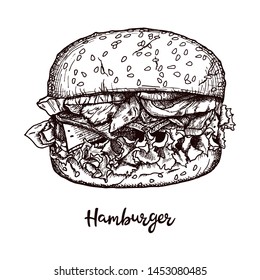 Hamburger, big burger on white background. Hand drawn vector illustration, realistic sketch.