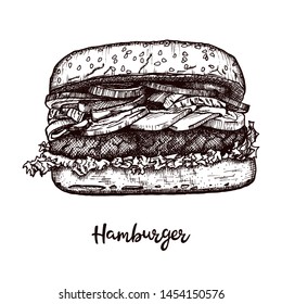 Hamburger, big burger on white background. Hand drawn vector illustration, realistic sketch.