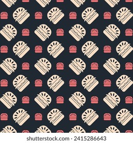Hamburger black background trendy repeating colorful pattern vector illustration