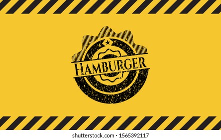 Hamburger black grunge emblem inside yellow warning sign. Vector Illustration. Detailed.