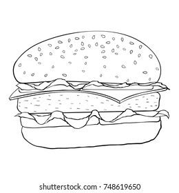 Hamburger. Black and white outline drawing. Vector illustration isolated on white background