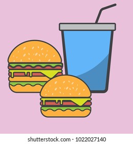 Hamburger and blue paper cup drink.