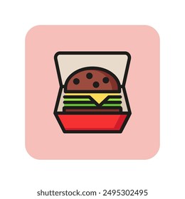 Icono de Hamburguesa en línea de caja. Comida rápida, comida para llevar, bocadillos. Concepto de comida para llevar. La Ilustración vectorial se puede utilizar para temas como la comida, la alimentación no saludable, el menú