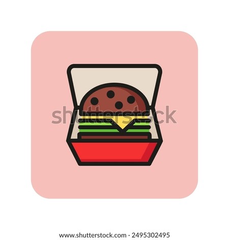 Hamburger in box line icon. Fast food, takeout food, snack. Takeaway food concept. Vector illustration can be used for topics like food, unhealthy eating, menu