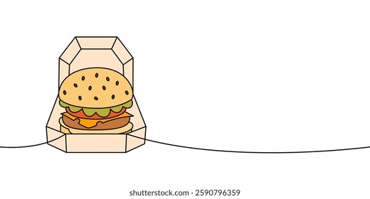 Hamburger in box one line colored continuous drawing. Traditional American fast food.