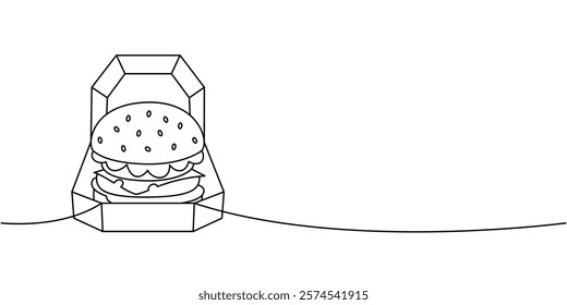 Hamburger in box one line continuous drawing. Traditional American fast food. Vector illustration.