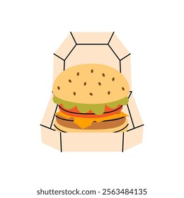 Hamburger in box. Traditional American fast food. Vector illustration.