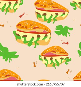 hamburger. bright seamless pattern. high quality vector illustration. print on clothes,wallpaper,logo ,leisure advertising.