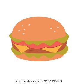 Hamburger with bun bread, cheese, sauce and meat. Fast food icon. Vector illustration in cartoon flat style.