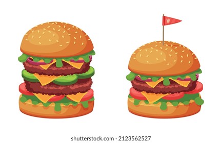 Hamburger with Bun and Grilled Patty Cake as Fast Food Vector Set