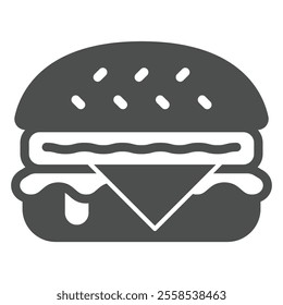 Hamburger bun with meat patty, salad and cheese solid icon, fastfood concept. Vector graphics. Bakery product sign on white background, glyph style icon for mobile or web design