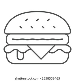 Hamburger bun with meat patty, salad and cheese thin line icon, fastfood concept. Vector graphics. Bakery product sign on white background, outline style icon for mobile or web design