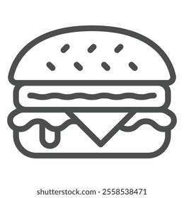 Hamburger bun with meat patty, salad and cheese line icon, fastfood concept. Vector graphics. Bakery product sign on white background, outline style icon for mobile or web design