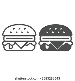 Hamburger bun with meat patty, salad and cheese line and solid icon, fastfood concept. Vector graphics. Bakery product sign on white background, outline style icon for mobile or web design