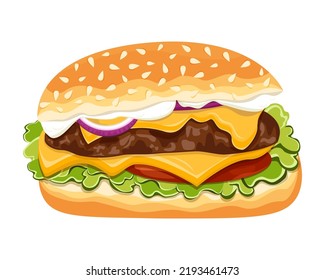 Hamburger. Bun, patty, tomato, cheese, salad greens, onions, sauce.  Fast Food. Graphics. Cartoon. Vector. Close-up. 