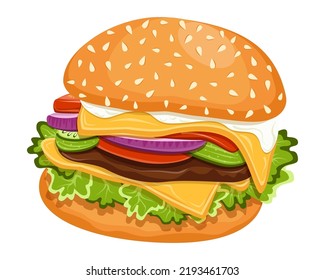Hamburger. Bun, patty, tomato, cheese, salad greens, onions, sauce.  Fast Food. Graphics. Cartoon. Vector. Close-up. 