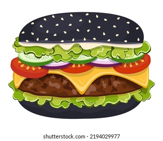 Hamburger. Bun, patty, tomato, cheese, salad greens, onions, sauce. Fast Food. Graphics. Cartoon. Vector. Close-up.