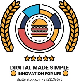 Una hamburguesa con un bollo y una rebanada de queso. La hamburguesa está rodeada por un círculo con cuatro estrellas