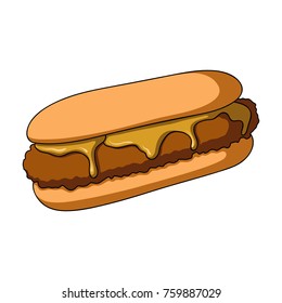 Hamburger or Burger with beef meat cutlet.Fried Breaded cutlet with mustard rolls around. Cutlet in the test.Fastfood single icon in cartoon style bitmap,raster symbol stock illustration.
