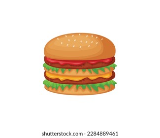 Hamburguesa. Hamburguesa con chuleta, tomates, queso y ensalada en un bollo de sésamo. Comida rápida. Ilustración del vector aislada en un fondo blanco