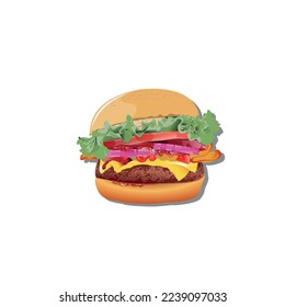 A hamburger or burger is a kind of round bread that is sliced in half, and in the middle is filled with a patty which is usually taken from meat, then vegetables such as lettuce, tomatoes and onions.
