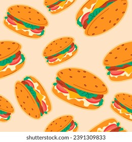 Hamburger or burger with meat, vegetables and cheese. Tasty snacks and fast food from shop or diner, bistro or cafe store. Seamless pattern print, background or wallpaper. Vector in flat style
