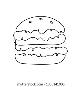 Hamburger oder Burger, eine durchgehende Linie. Dünne lineare Zeichnung des Beefburger. Black Doodle Symbol. Stilvolle handgezeichnete Illustration von Fast Food. Contour einzeln, Vektorgrafik, weißer Hintergrund