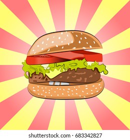 Hamburger or Burger with salad, cheese, beef meat cutlet and tomatoes. Cartoon-styled Fast Food -tasty Cheeseburger.