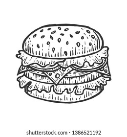 Hamburger burger sandwich sketch engraving vector illustration. Scratch board style imitation. Black and white hand drawn image.