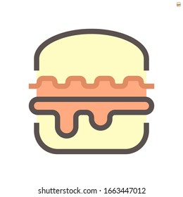 Hamburger or burger vector icon. That fast food, snack or sandwich consist of sliced bread bun, meat, beef and vegetable. Topped with lettuce and sesame. For eat at restaurant and delivery. 48x48 px.