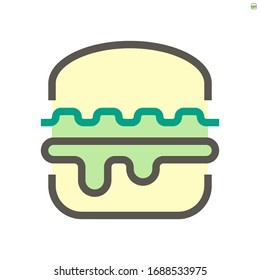 Hamburger or burger vector icon. That fast food, snack or sandwich consist of sliced bread bun, meat, beef and vegetable. Topped with lettuce and sesame. For eat at restaurant and delivery. 48x48 px.