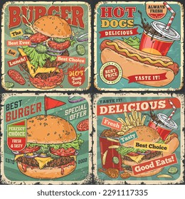 Hamburger cafe set posters colorful with fresh hot burgers from american bar with soda and fried potatoes vector illustration