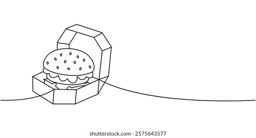 Hamburger in cardboard box one line continuous drawing. Traditional American fast food. Vector illustration.