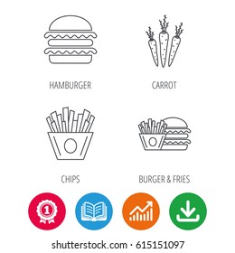 Hamburger, carrot and chips icons. Burger and chips fries linear signs. Award medal, growth chart and opened book web icons. Download arrow. Vector