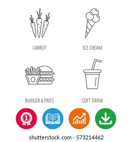 Hamburger, carrot and soft drink icons. Ice cream linear sign. Award medal, growth chart and opened book web icons. Download arrow. Vector