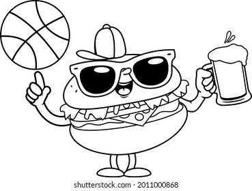 Caricatura de Hamburger con baloncesto y cerveza. Página de coloreado vectorial en blanco y negro.