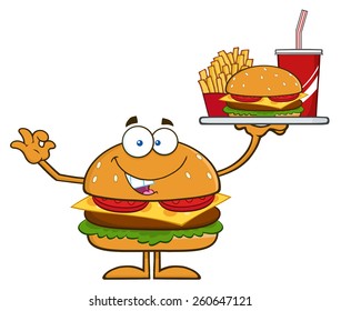 Hamburger Cartoon Character Holding A Platter With Burger, French Fries And A Soda. Vector Illustration Isolated On White